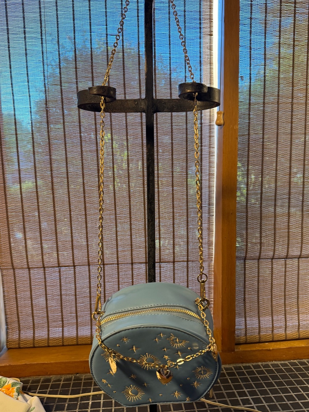 Round Blue Crossbody Bag with Gold Star Embroidery